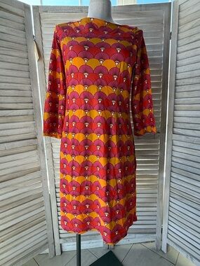 Jude Connally Shannon Dress Jude Cloth 3/4 Sleeve Pink Orange Fan Print Medium